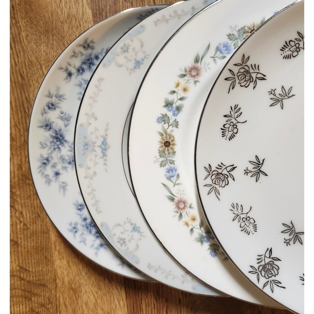 Mismatched Silver Rim Lunch Salad Plates Porcelain China Eclectic Set of 4